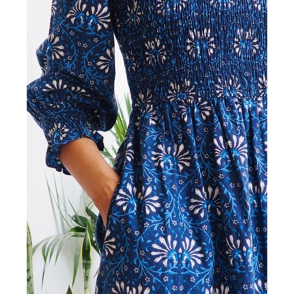 Pink City Prints Isabel Smocked Midi Dress Midnight Vine  Blue Tuckernuck M - Picture 3 of 9